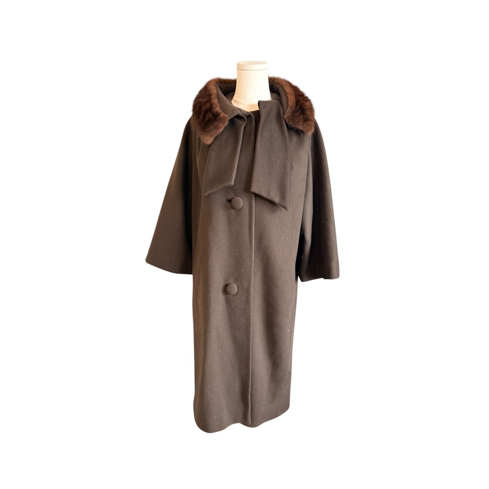 Vintage Lilli Ann San Francisco Brown Wool Swing Coat Fur Trim Collar 50s 60s